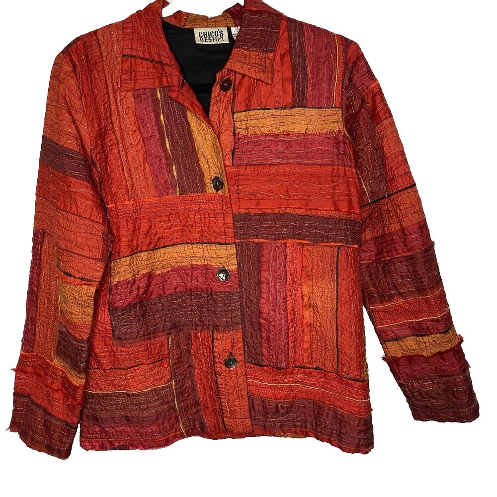 Vintage Chicos Silk Shacket Patchwork Metallic Bu… - image 3
